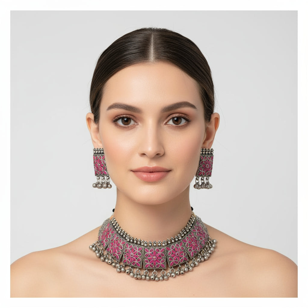 Oxidised silver hot pink, green & white enamel necklace & earrings set – Famaza Couture