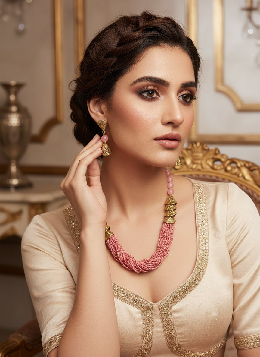 Pink braided mala with gold accents and matching earrings by famaza couture