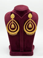 Royal Heritage gold plated double layer chandbali jhumka earrings featuring a 5cm hoop width and 8cm drop length on a luxury maroon velvet stand.
