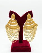 Royal Heritage 22K micro gold plated chandelier earrings with cascading multi-layered chains on a luxury maroon velvet stand.