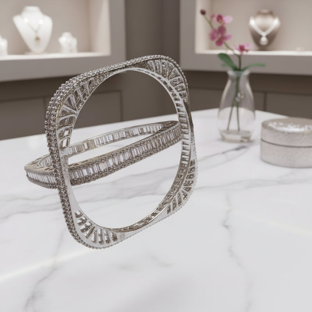 Posh Silver Bridal Bangles American Diamond Square Cut - Famaza Couture