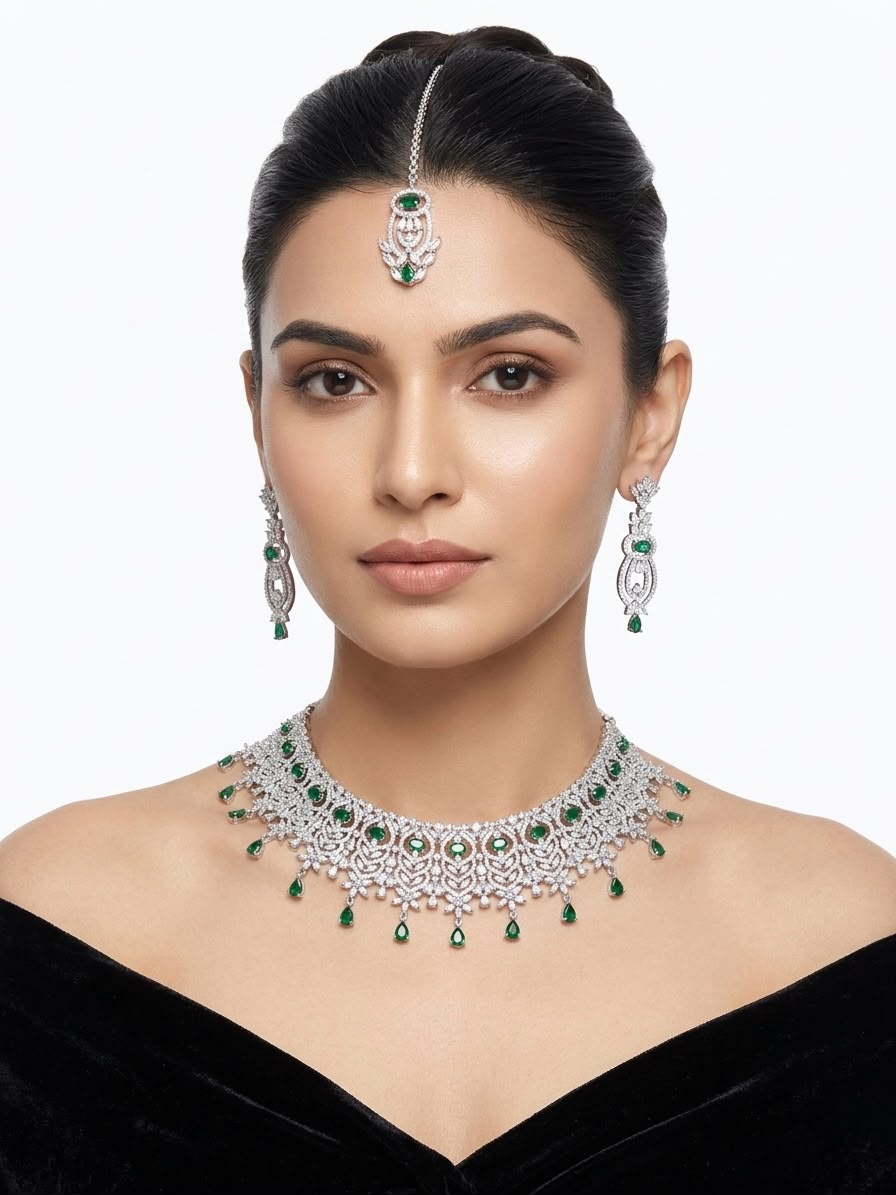 Intricate design silver finish choker set with emerald green round and teardrop stones – Indian/Pakistani wedding wear.