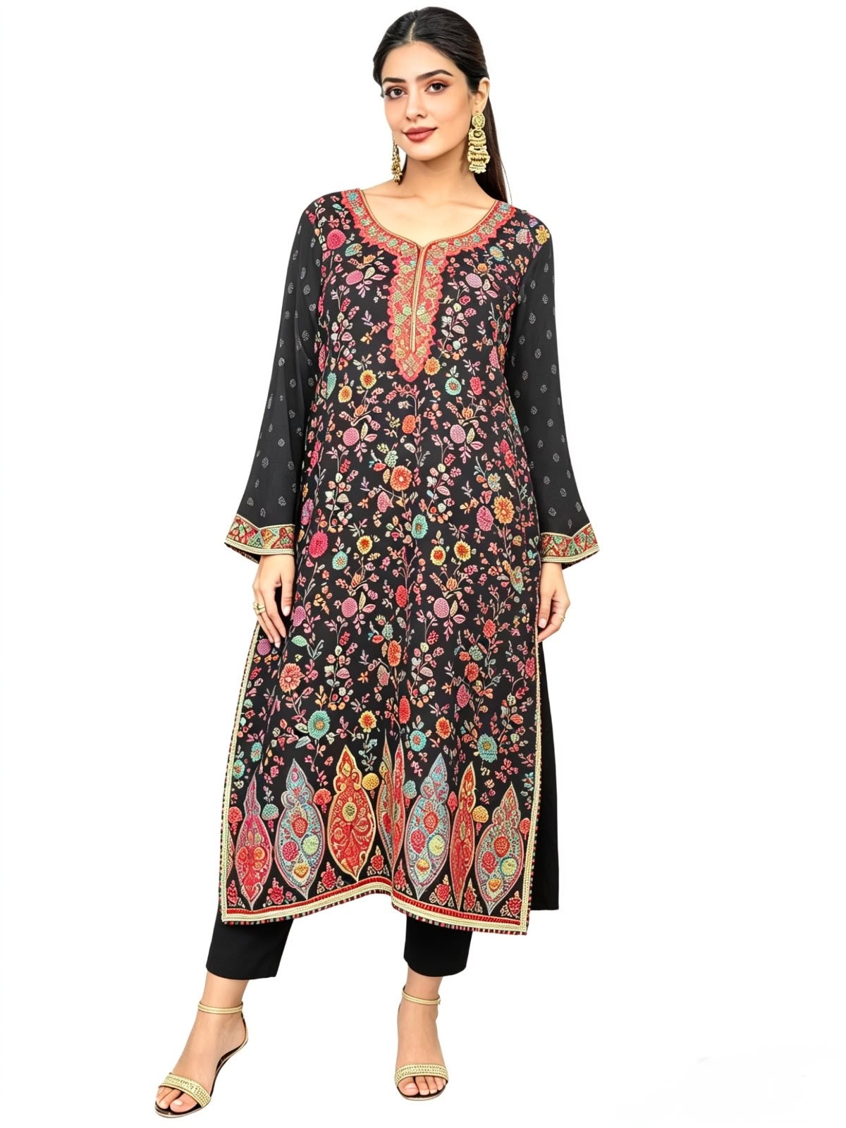 Model wearing a premium black silk kurta set featuring colorful Kanni embroidery and zari work on a pure white background