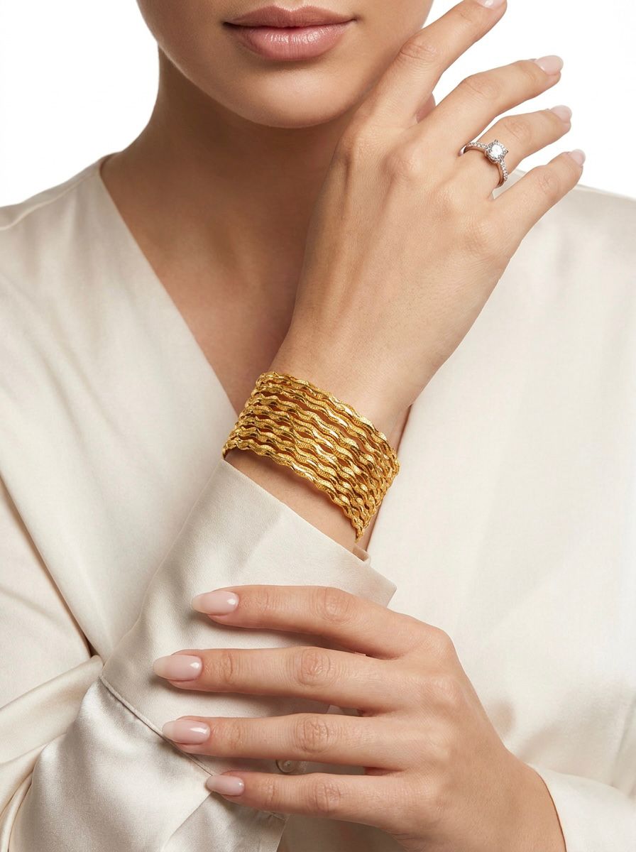 A lifestyle photograph showing a woman's wrist adorned with a set of 8 micro gold-plated copper bangles featuring a textured, wavy twisted-rope design. She is wearing a silk cream-colored blouse, highlighting the jewelry's elegant and posh aesthetic.