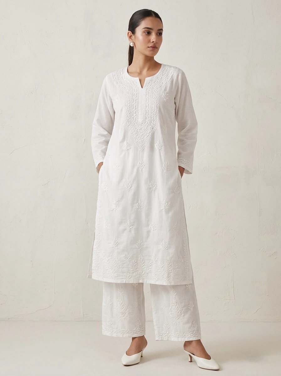 Woman standing wearing an elegant white mix cotton Chikankari kurta and matching plazo set with traditional Ghasspati hand-embroidery.