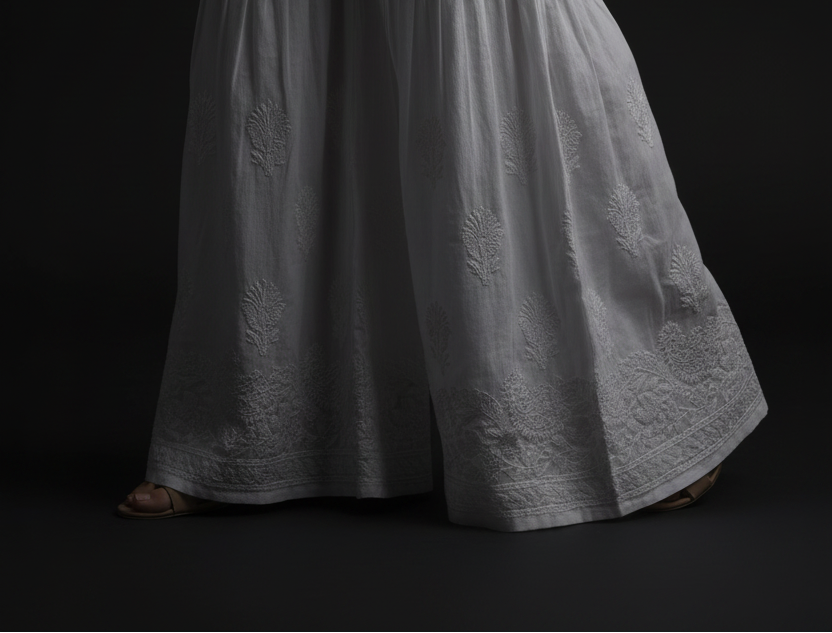 The Alabaster Gharara – Hand-Embroidered Chikankari Cotton Trouser