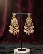 Premium rose gold polish earrings with AD stones displayed on a professional jewellery stand, a sophisticated alternative to golden earrings or pearl sets.