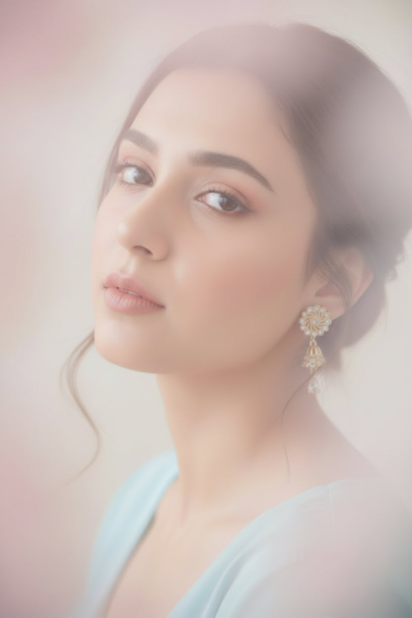 Professional shot of the Zinnia rose gold polish white stone jhumka earrings on a girl.