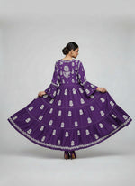 Purple Colour Hand-Embroidered Long multi layered Flared Dress full rear view-Luxury Chikankari by Famaza Couture London