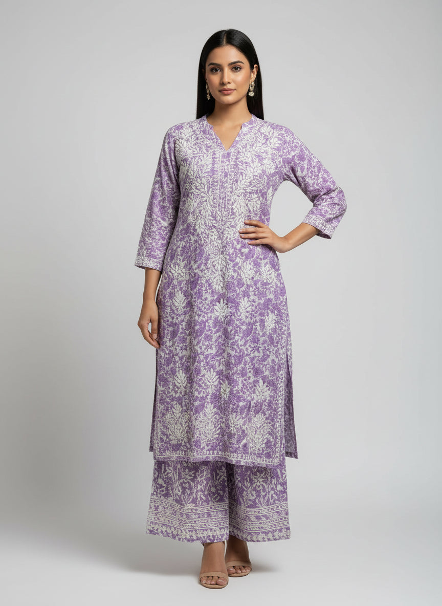 Purple colour all over pint mulmul fabric 2pc dress with white thread hand embroidery on the shirt and the trousers.