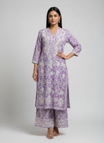 Purple colour all over pint mulmul fabric 2pc dress with white thread hand embroidery on the shirt and the trousers.