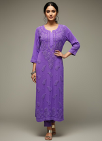 Purple colour chikankari 3d embroidery long viscose fabric kurti