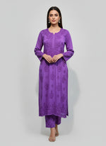 Purple colour modal fabric tone to tone hand embroidered kurti and trousers. Kurti is 46 inches long