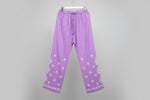 Purple straight trousers with floral white hand embroidery shown on the trousers from knee till bottom.