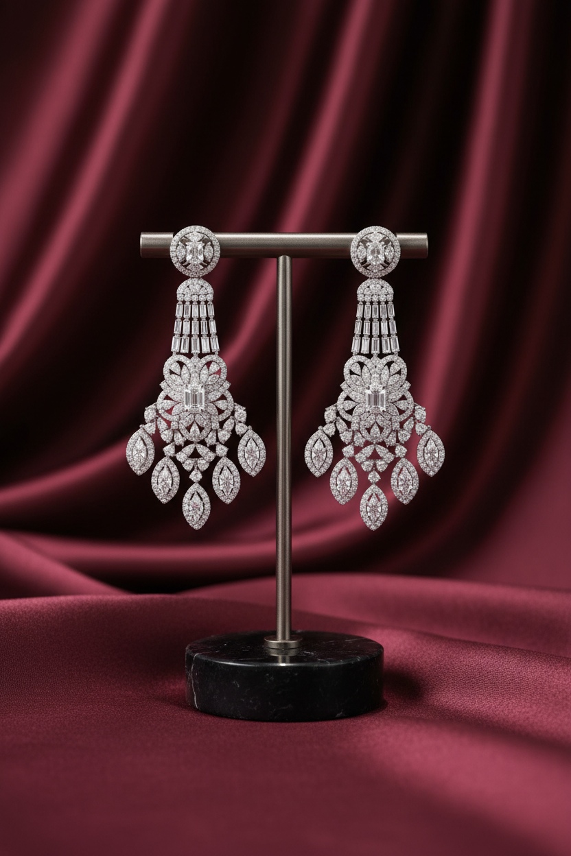 Pair of chandelier earrings on a stand against a burgundy fabric background