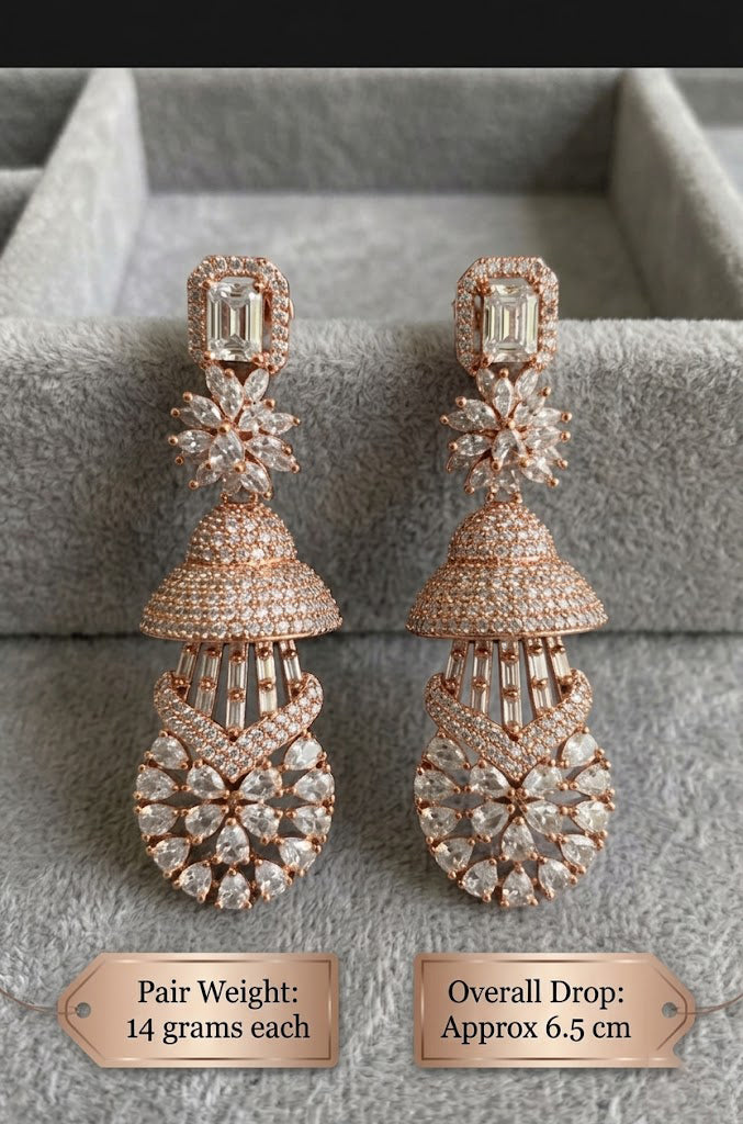 Elegant rose gold Jhumka-style drop earrings with intricate crystal pave detailing, displayed on a grey stand.