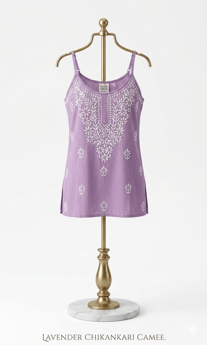 Rear view of Lavender chikankari Noodle short tunic.