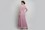 Rear view of purple dress chiffon maxi. Party wear dress.