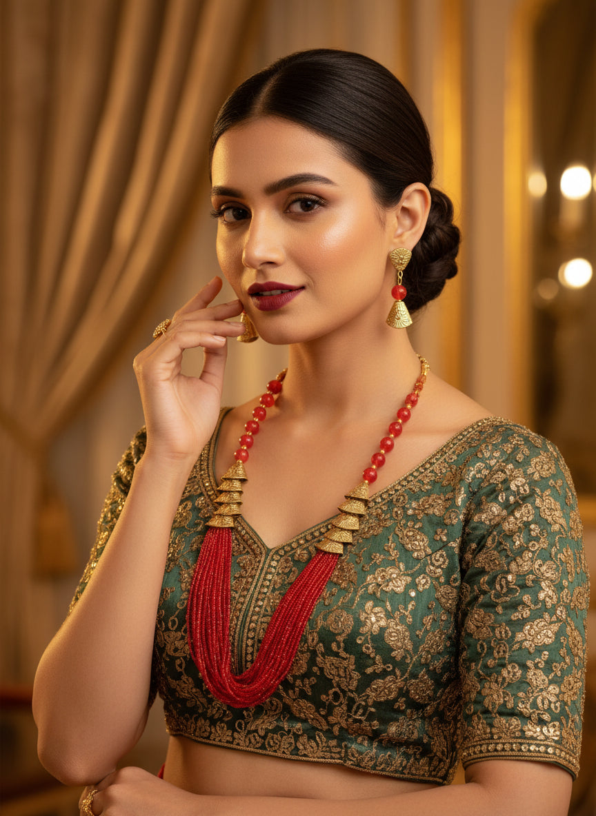 Red braided mala with gold accents and matching earrings by famaza couture