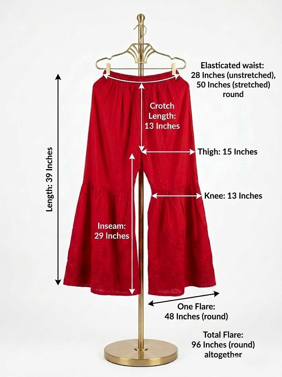 Red cotton Gharara with measurements shown in the image