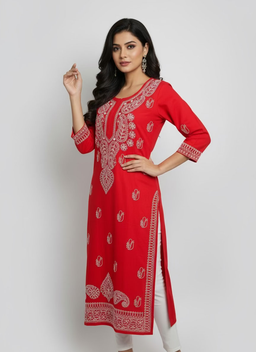 Red kurta with white patterns on a rack with other clothing items by famaza couture