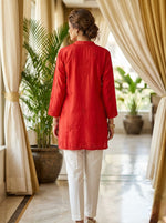 Red short kurti with tone to tone hand embroidery