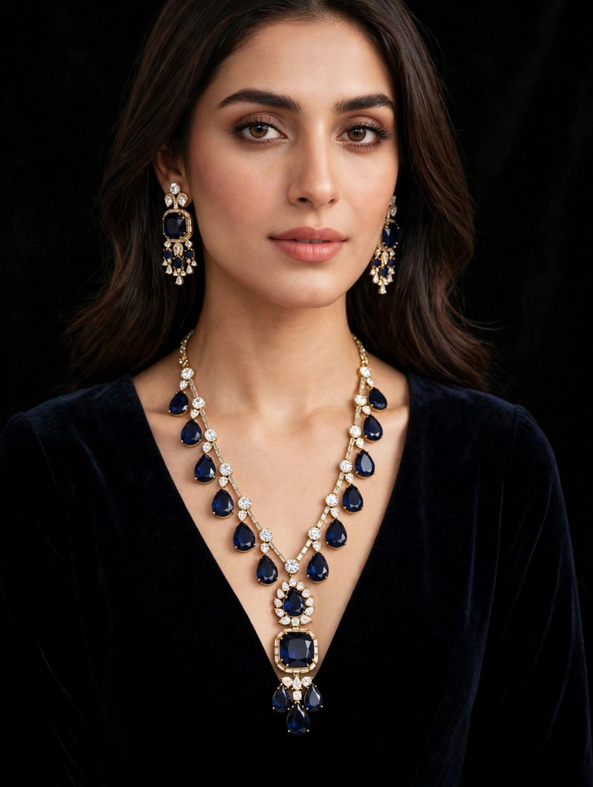 Model wearing regal sapphire blue pear-drop gemstone necklace and matching earrings, gold-tone finish with clear crystal accents — South Asian bridal jewelry.