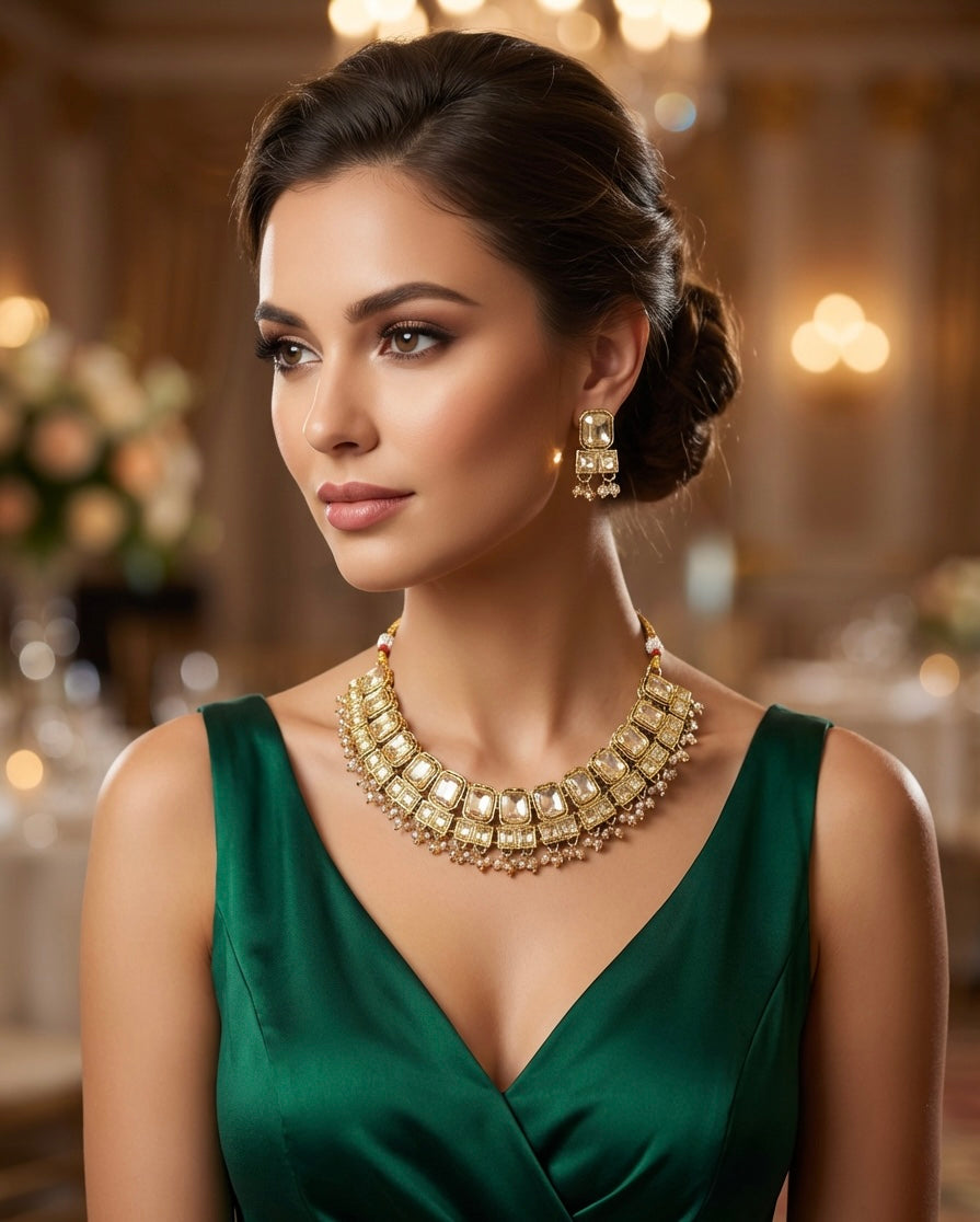 Rose gold bridal choker necklace and earring set with rose gold nano hangings for wedding wear.