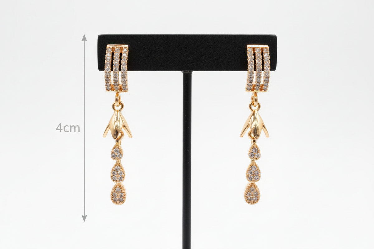 Rose Gold AD Triple-Row Arched Studs with Tiered Teardrop Drops - 4cm Drop length