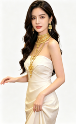Model wearing premium gold plated 3-layer bridal choker and long rani haar necklace set with intricate floral engravings and matching drop earrings, luxury South Asian wedding jewelry on plain white background.