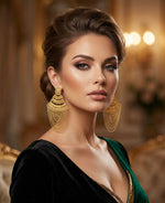 Posh model wearing Royal Heritage 22K micro gold layered chain chandelier earrings with a cascading fringe design.