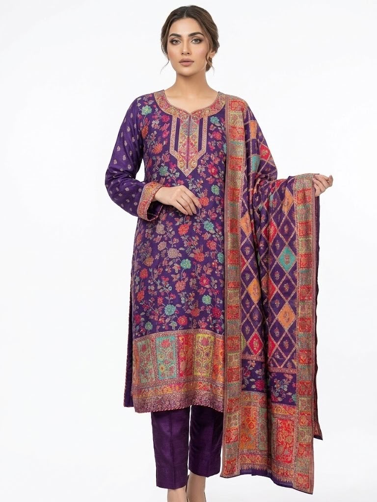 Model wearing a deep purple Kanni embroidery silk kurta set with zari work and a patterned dupatta, set against a pure white background.