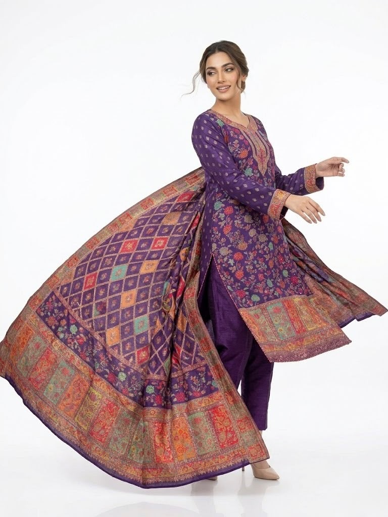 Model wearing a deep royal purple Kanni embroidered silk kurta set with a matching intricately patterned dupatta, displayed against a pure white background.