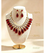 Ruby red teardrop statement jewelry set with full specifications, vibrant red pear gemstones and brilliant CZ, dimension guide and weight details, premium jewelry for weddings and special occasions.