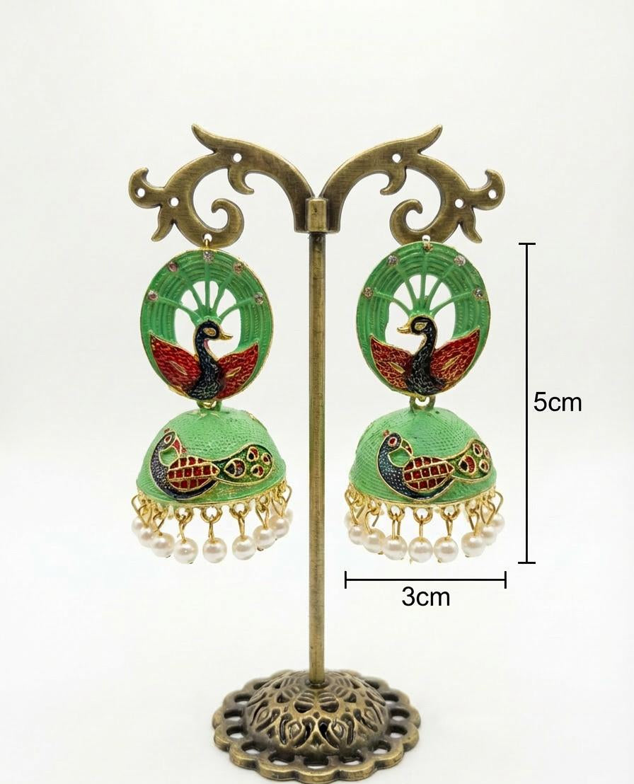 Seagreen 5.5cm hand-painted peacock jhumka earrings on a professional stand showing the 3cm width.