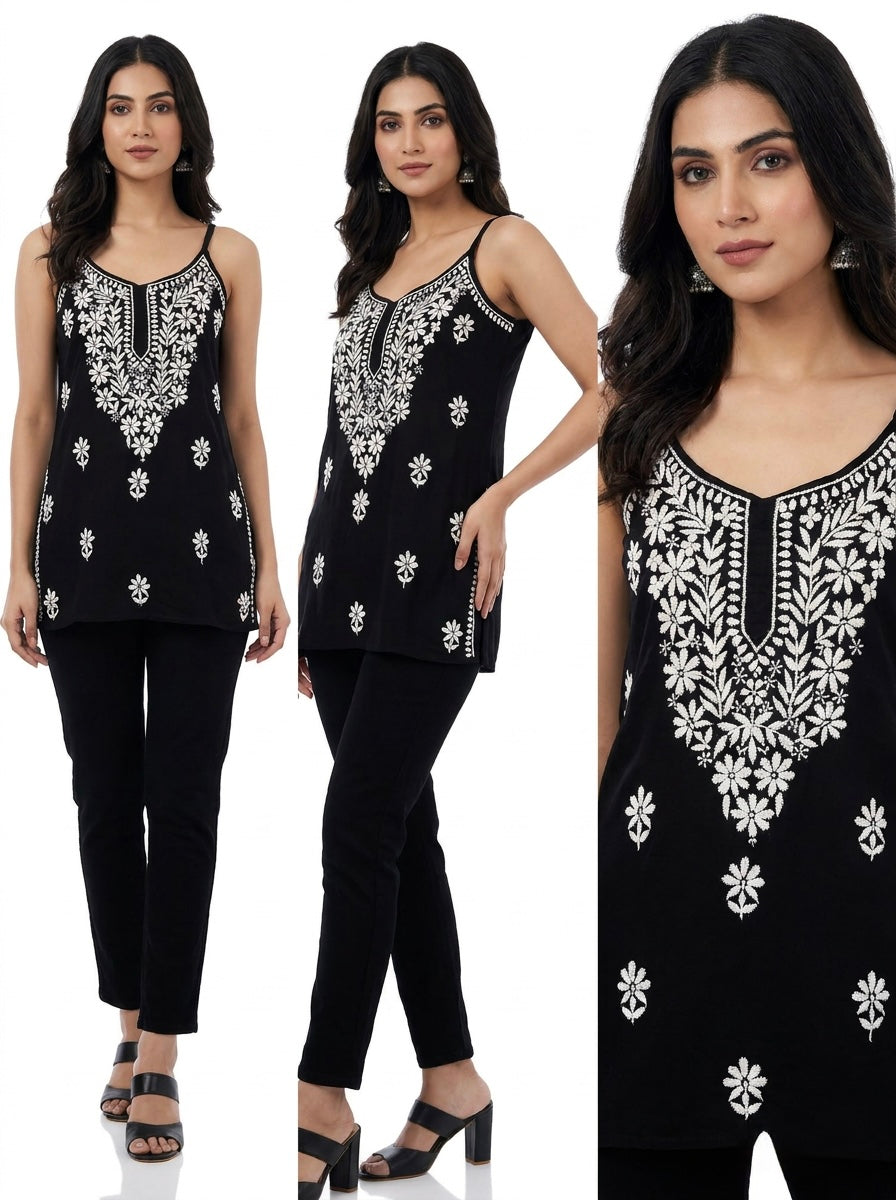 Short noodle top with hand made embroidered is being worn by models in different poses to show the full details of the kurti.