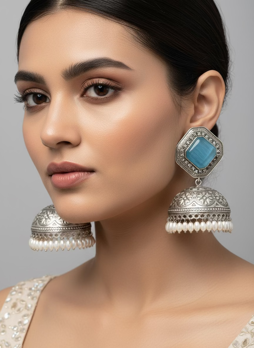 Side view oxidised jhumka earrings handcrafted intricate Indian tribal detailing