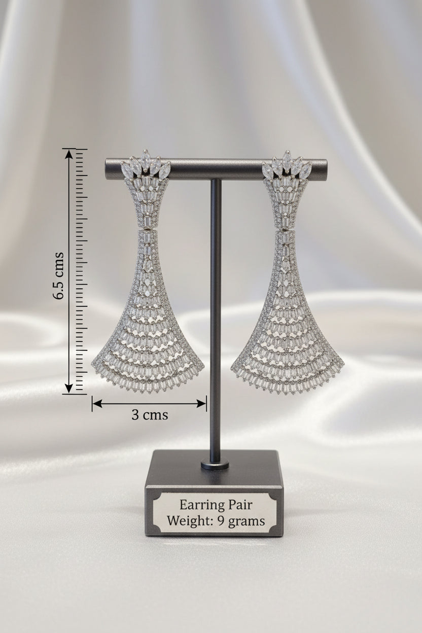 Silver rhinestone drop earrings, luxury bridal jewelry, crystal geometric statement earrings.