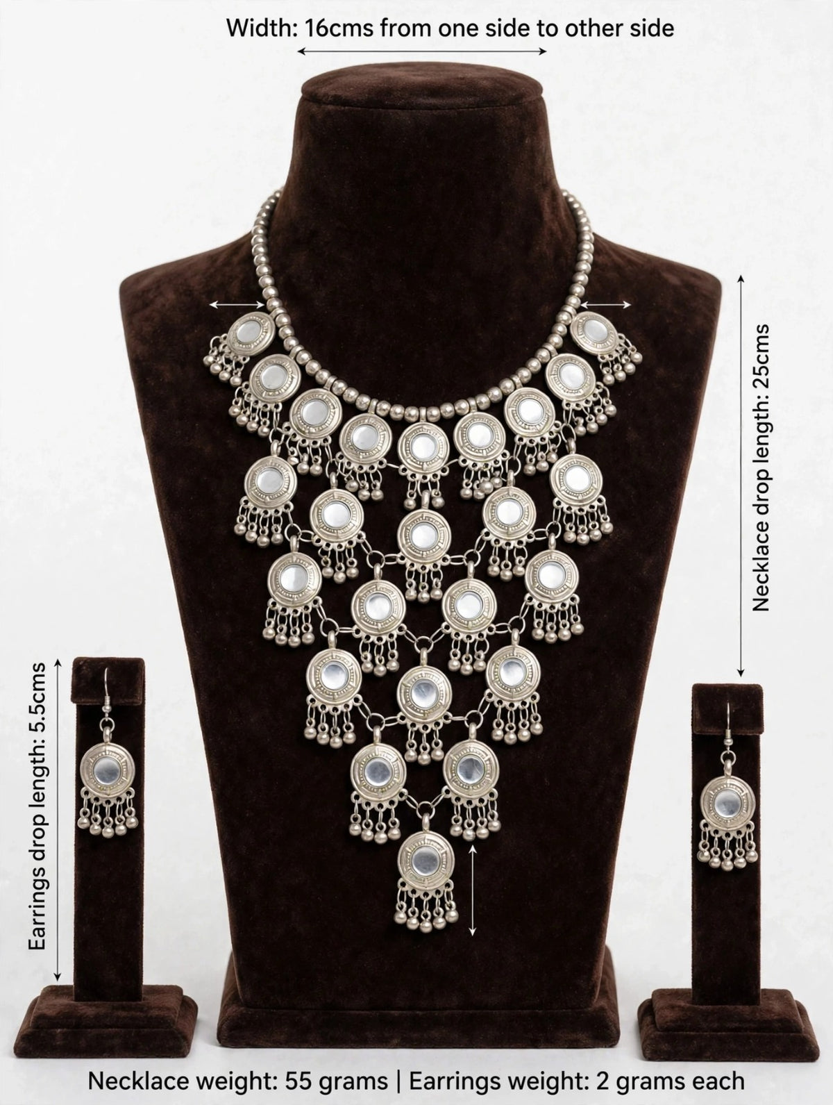 Antique silver Y-shaped statement choker necklace set with mirror accents, 16cm width, 25cm drop, matching jhumka earrings 5.5cm drop — displayed on brown velvet bust.