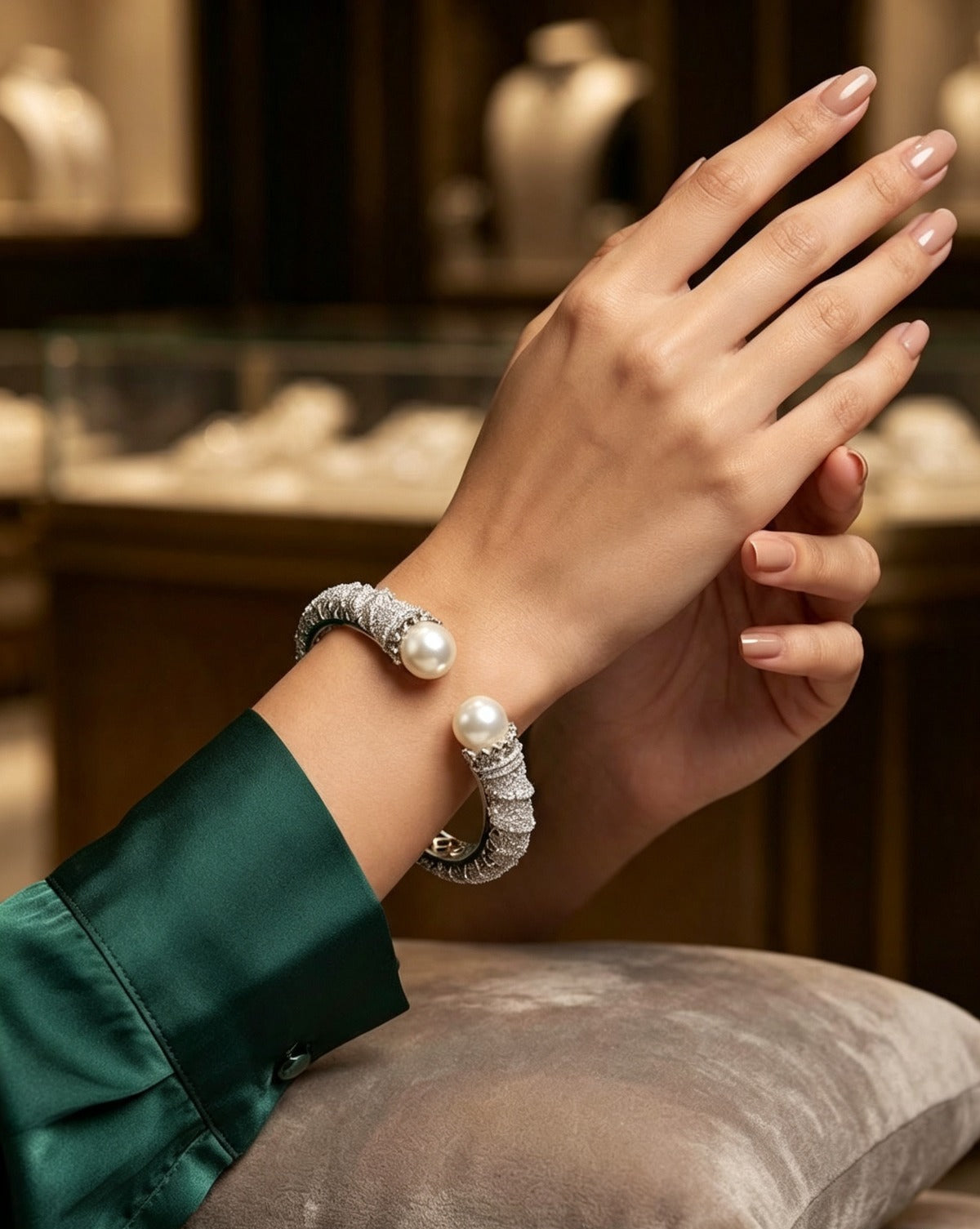 Silver Open Cuff Bangle with Large Pearls & Sparkling Crystals — luxury pearl crystal bracelet displayed on wrist in elegant boutique setting