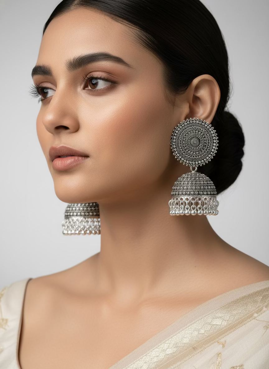 Silver oxidised jhumka earrings traditional dome design Famaza Couture