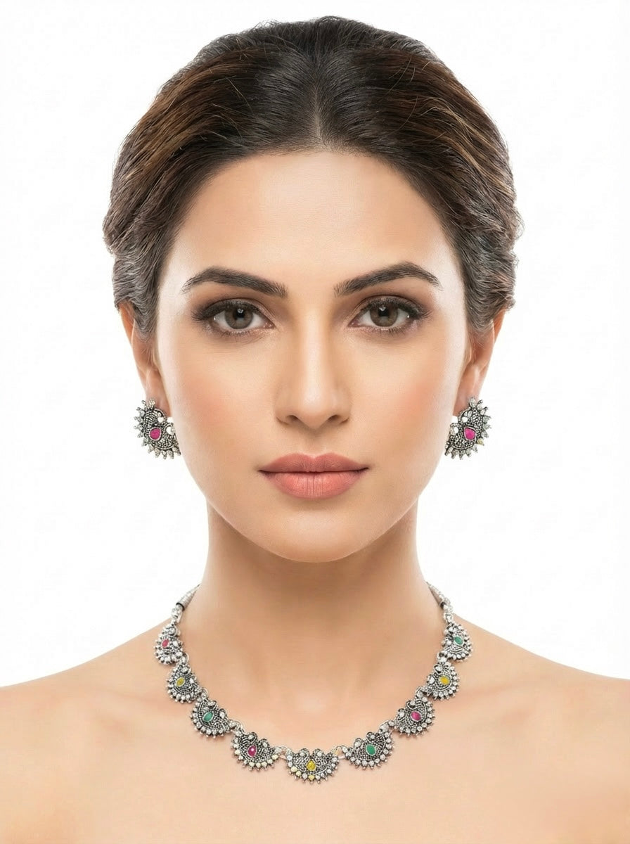 Silver plated oxidised chocker necklace and matching stud earrings