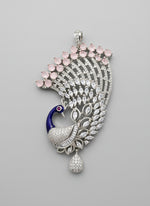 Silver plated peacock-shaped pendant in Silver chain The pendant is detailed with blue enamel and has sparkling white and pink AD crystal embellishments.
