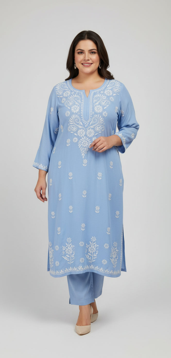 Sky Blue colour rayon fabric plus size kurti with white thread chikankari embroidery on the kurti.