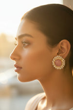 Soft pink Mona Lisa stone earrings with 18k gold plating and pearls, romantic bridal jewellery style for elegant evening wear.