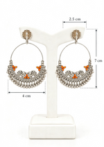 Antiqued Silver Twin Peacock Chandbali • Glowing Tangerine Gemstones • 7cm Statement Ethnic Earrings.