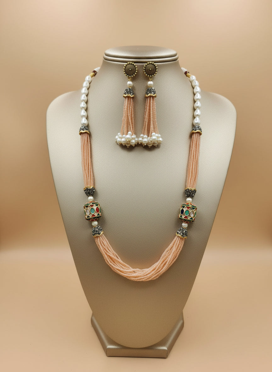 Tanjore Art Beaded Mala Set | Regal Bridal Pearl Necklace – Party wear set by Famaza Couture