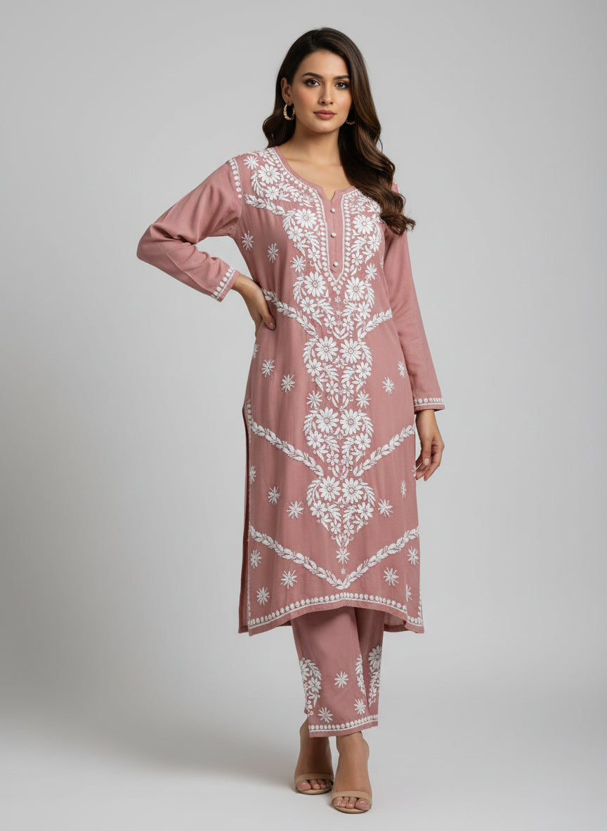 Tea Pink colour modal fabric long kurti and trousers with floral hand embroidery on kurti and trousers.