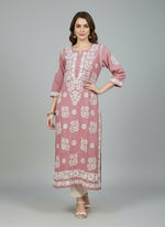 Teal Pink colour modal fabric 46 inches long kurti with white hand embroidery on all over the kurti and sleeves.