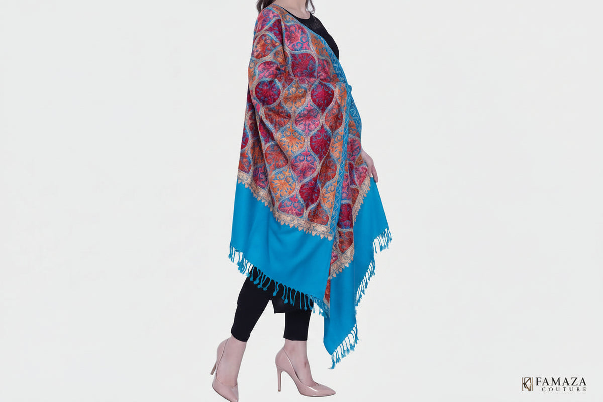 Teal blue base colour Kashmiri embroidered Scarf/shawlwith multi colour machine embroidery by Famaza Couture